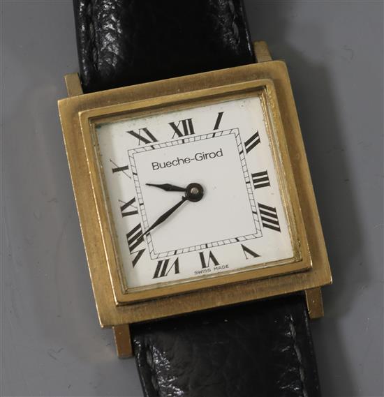 A 9ct gold Bueche Girod square cased manual wind dress wrist watch.